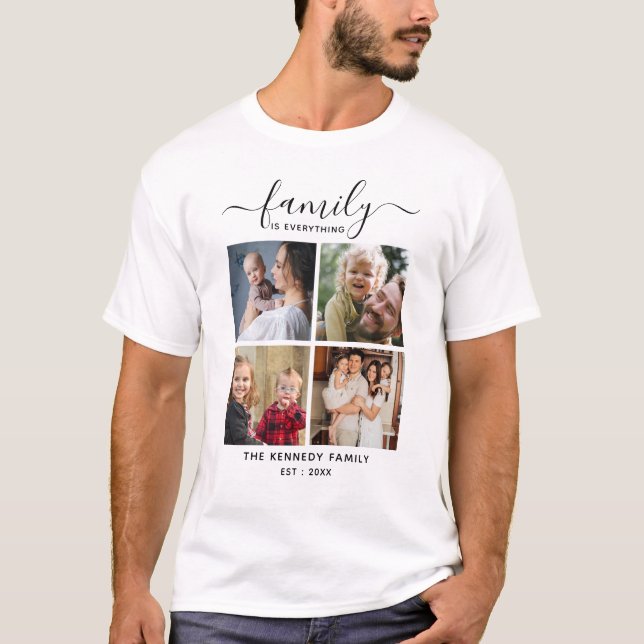 Create Your Own Family Name 4 Photo Collage Black T-Shirt (Front)