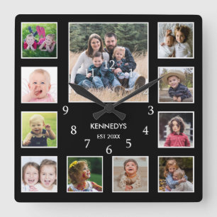 Create Your Own Family Name Photo Collage Black Square Wall Clock