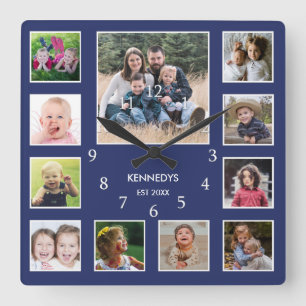 Create Your Own Family Name Photo Collage Blue Square Wall Clock