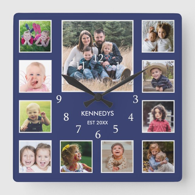 Create Your Own Family Name Photo Collage Blue Square Wall Clock (Front)