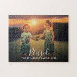 Create your own family photo Blessed script Jigsaw Puzzle<br><div class="desc">Make your own most beautiful family photo,  Blessed script puzzle.
Custom photo jigsaw puzzle
You can personalise it and add your most beautiful photo,  text,  name and year. Great fun !</div>