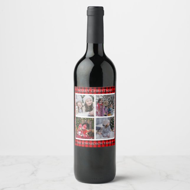 Create your own family photo collage Christmas Win Wine Label (Front)