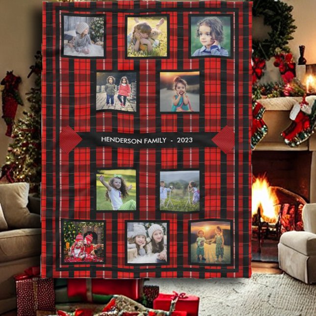Create your own family photo collage family name fleece blanket (Rustic fleece blanket, family photo collage on buffalo plaid pattern. )