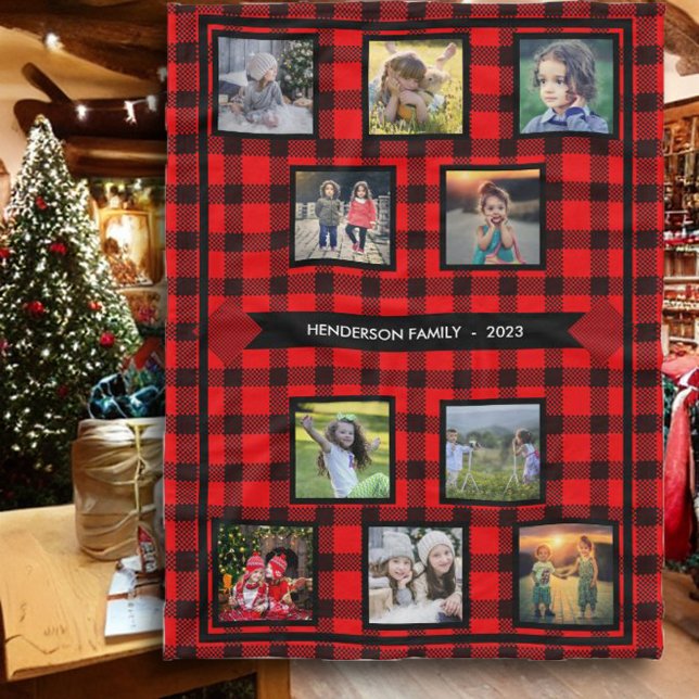 Create your own family photo collage family name fleece blanket (Nice personalized buffalo plaid patterned fleece blanket for the Holiday season. )