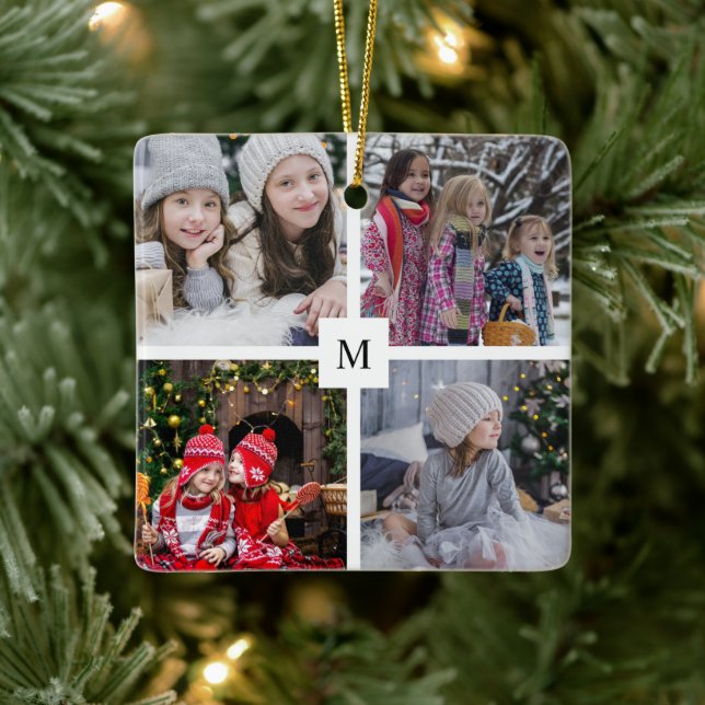 Create your own family photo collage monogrammed ceramic ornament (Tree)