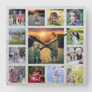 Create your own family photo collage rustic wood s square wall clock