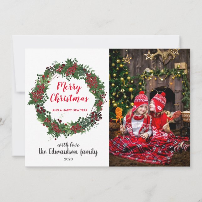 Create your own family photo Merry Christmas holly Holiday Card (Front)