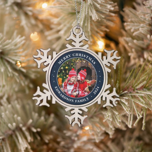 Create your own family photo personal Christmas Snowflake Pewter Christmas Ornament (Tree)
