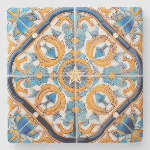 Create Your Own Faux Blue Golden Yellow Talavera Stone Coaster