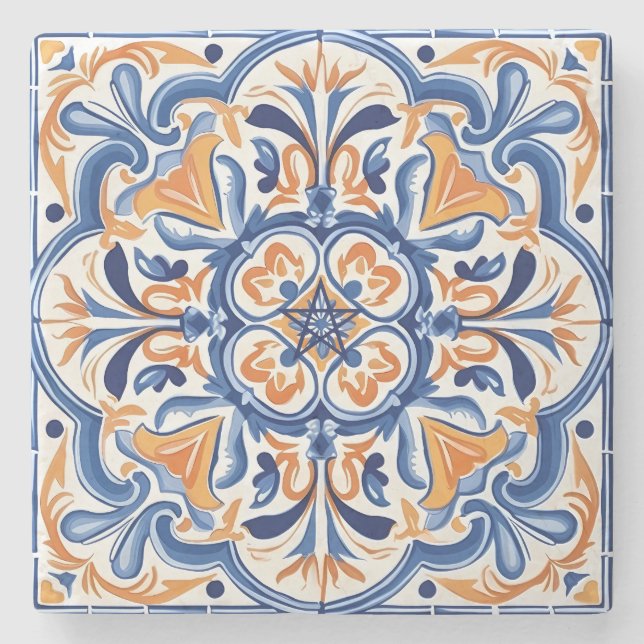 Create Your Own Faux Painted Cadet Blue Orange Stone Coaster (Front)