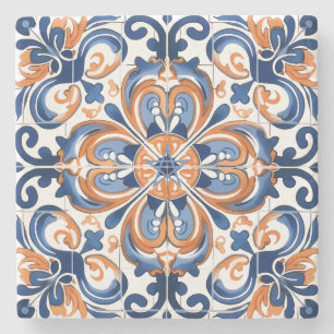 Create Your Own Faux Painted Dusky Blue Orange Stone Coaster