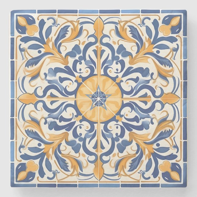 Create Your Own Faux Painted Golden Blue Mandala Stone Coaster (Front)