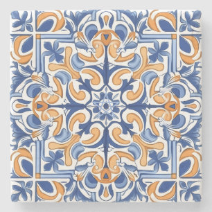 Create Your Own Faux Painted Orange Blue Floral Stone Coaster