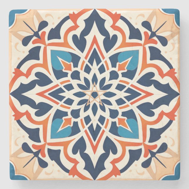Create Your Own Faux Talavera Blue Orange Gold Stone Coaster (Front)