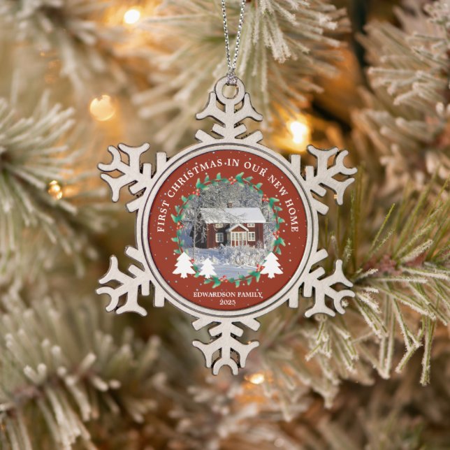 Create your own First Christmas in new home photo Snowflake Pewter Christmas Ornament (Tree)