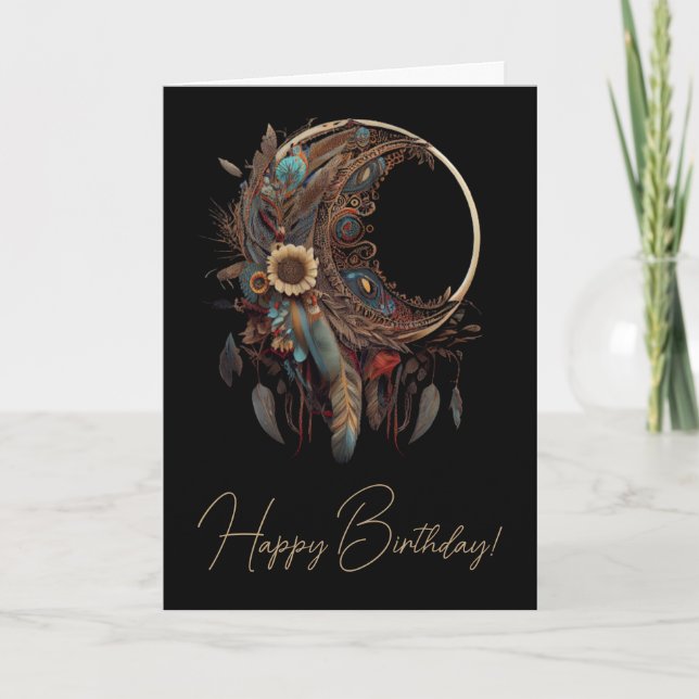 Create Your Own Floral Paisley Boho Moon Holiday Card (Front)