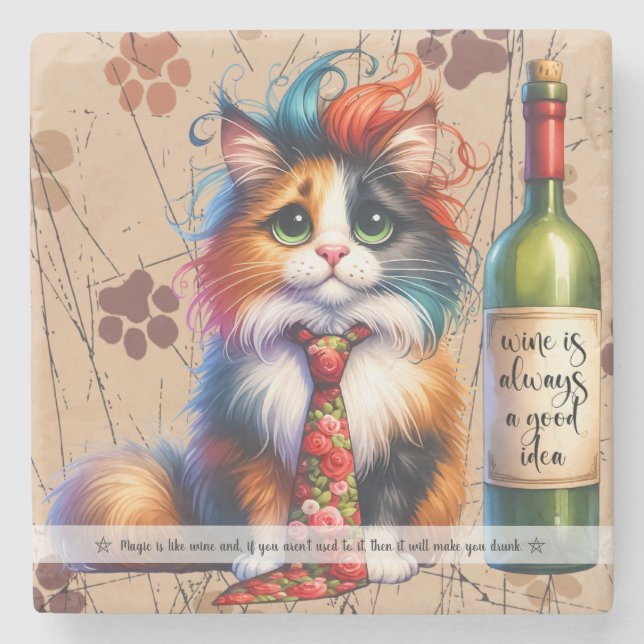 Create Your Own Funny Calico Cat Rocker Wine Stone Coaster (Front)