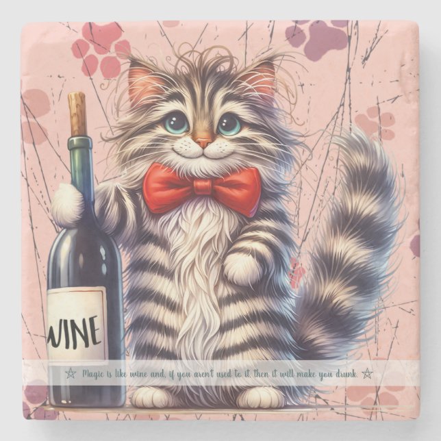 Create Your Own Funny Mr Kitty Striped Cat Wine Stone Coaster (Front)