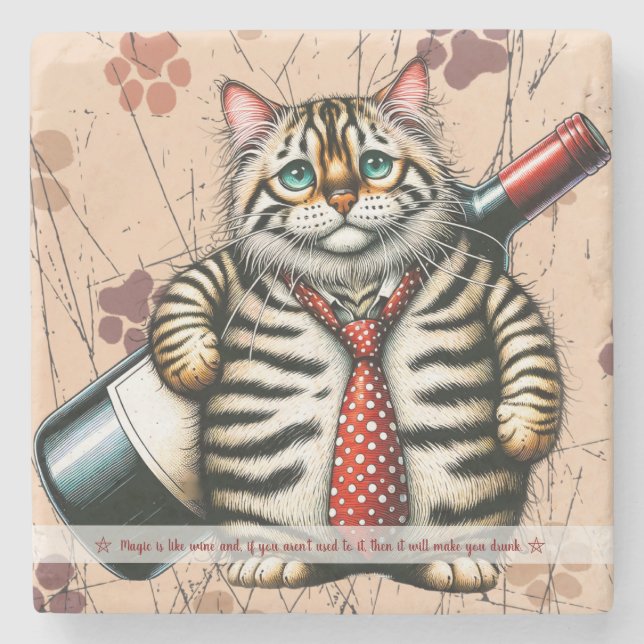 Create Your Own Funny Mr Tiger Striped Cat Wine Stone Coaster (Front)