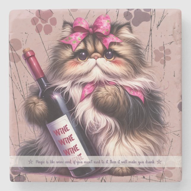 Create Your Own Funny Ms Kitty Persian Cat Wine Stone Coaster (Front)
