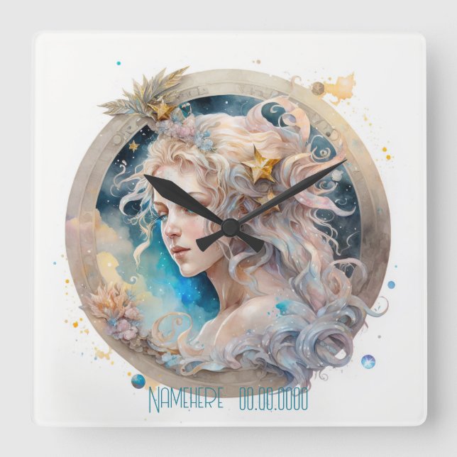 Create Your Own Gold & Blue Mystical Virgo Zodiac Square Wall Clock (Front)