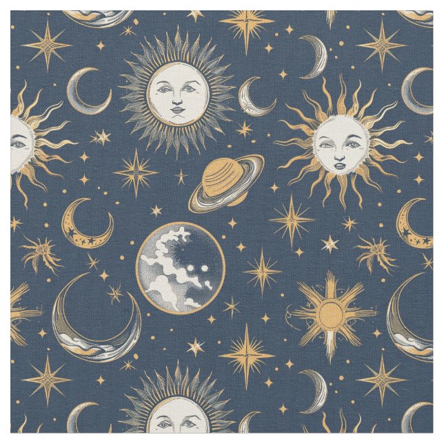 Create Your Own Gold Blue White Celestial Fabric (Close Up)