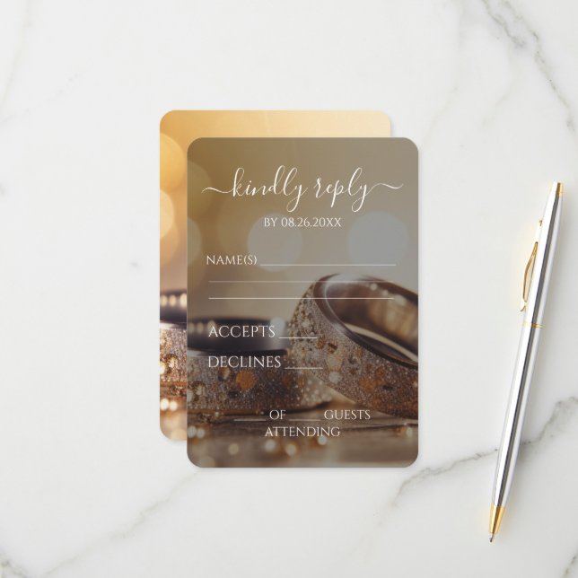 Create Your Own - Gold Bokeh Wedding Rings RSVP Card (Front/Back In Situ)