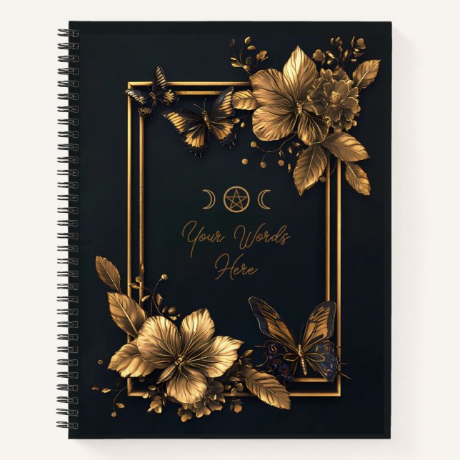 Create Your Own Gold Floral Butterfly Black Notebook (Front)