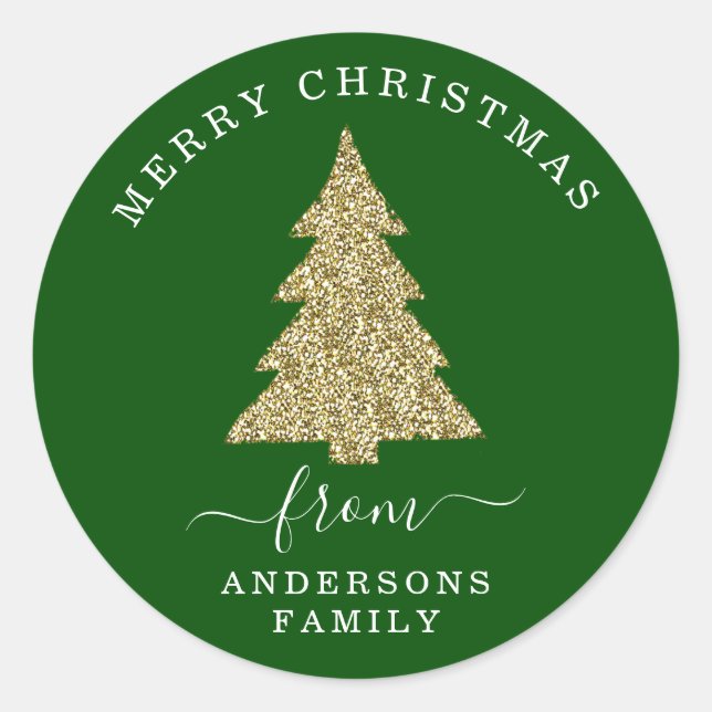 Create Your Own Gold Glitter Christmas Tree Green Classic Round Sticker (Front)