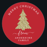 Create Your Own Gold Glitter Christmas Tree Red Classic Round Sticker<br><div class="desc">Create Your Own Gold Glitter Christmas Tree Red Holiday Round Sticker.</div>