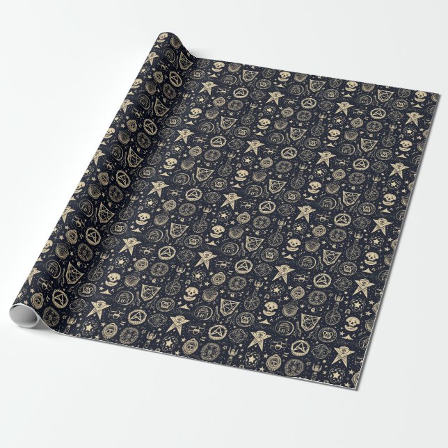 Create Your Own Gold Magic Symbols Black Wrapping Paper (Unrolled)