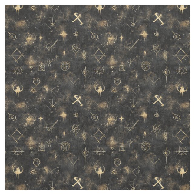 Create Your Own Gold Mysterious Symbols Black Fabric (Swatch)