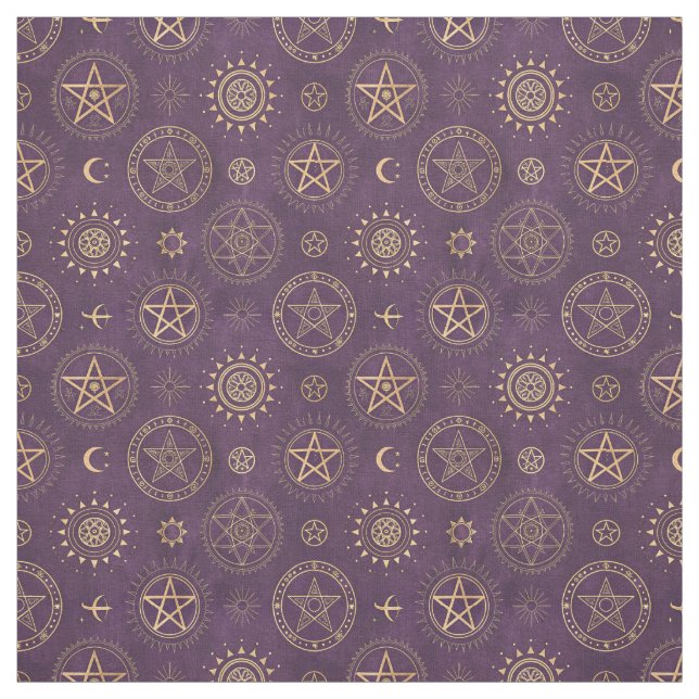Create Your Own Gold Pentacles Moon Purple Fabric (Swatch)