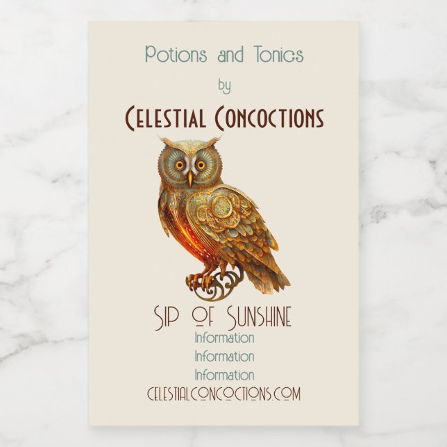 Create Your Own Golden Steampunk Owl Wine Label (Single Label)