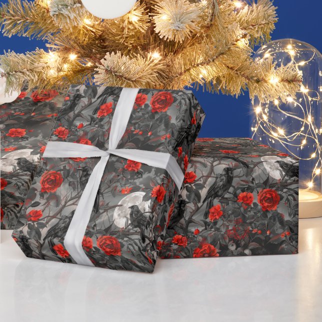 Create Your Own Gothic Moon Ravens Red Roses Grey Wrapping Paper (Holidays)