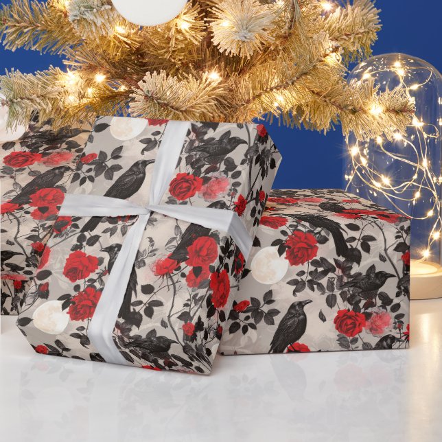 Create Your Own Gothic Raven Red Roses Grey Wrapping Paper (Holidays)