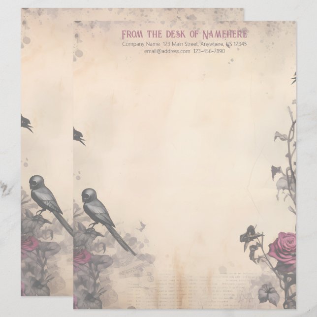Create Your Own Gothic Raven Roses Stationery Custom Letterhead (Front/Back)