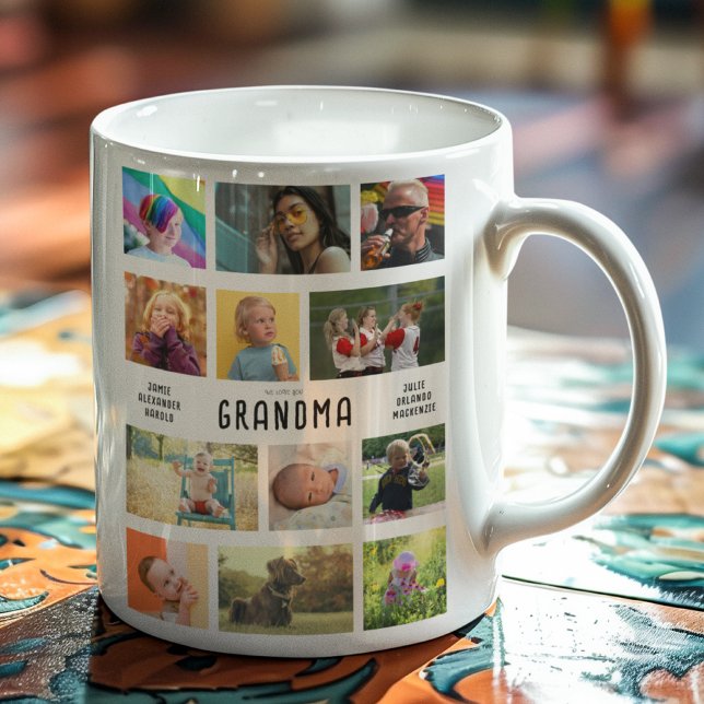 Create Your Own Grandparents Photo Collage Coffee Mug (Personalized coffee mug with 12 photo and custom text for grandparents)