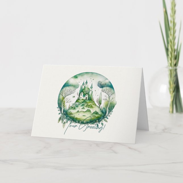 Create Your Own Green Fantasy Castle Landscape Holiday Card (Front)
