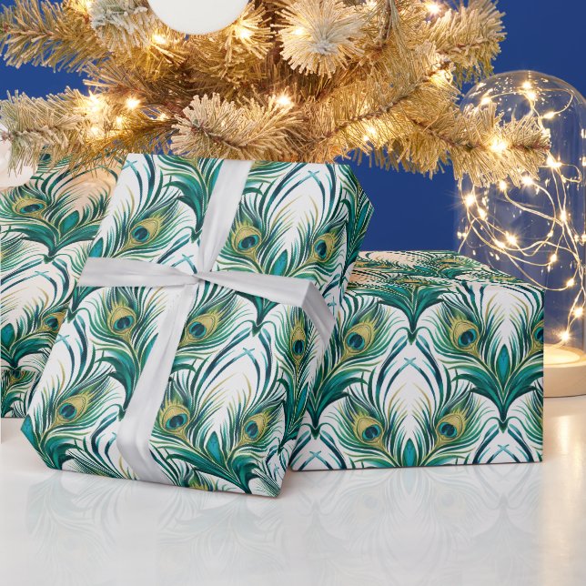 Create Your Own Green Gold Peacock Feathers Wrapping Paper (Holidays)