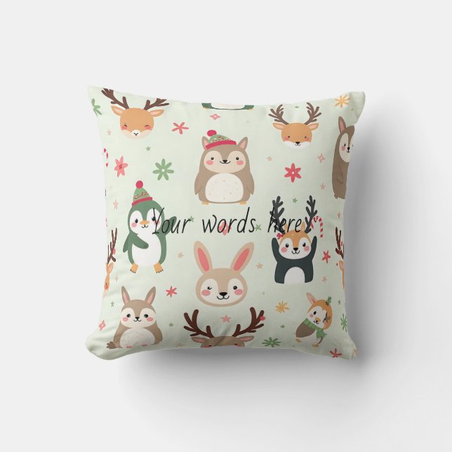 Create Your Own Green Kawaii Christmas Animals Cushion (Front)