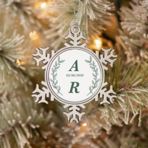 Create Your Own Green Monogram Wedding Favour Snowflake Pewter Christmas Ornament