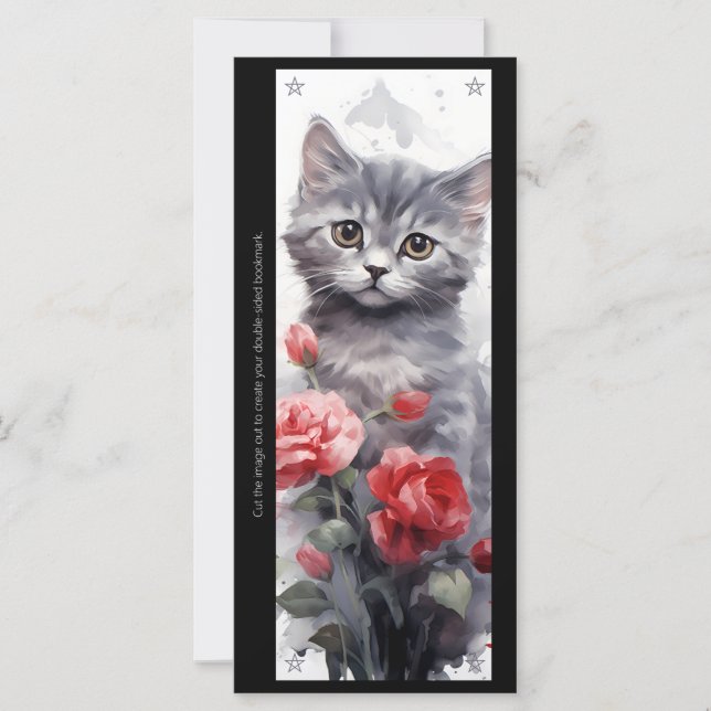 Create Your Own Grey Kitten Red Rose Bookmark Card (Front)
