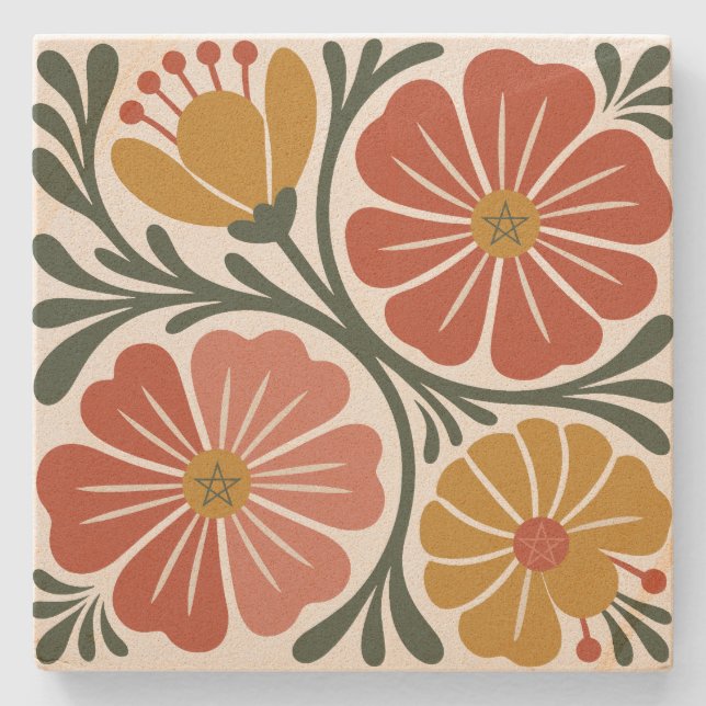 Create Your Own Groovy Retro Flower Posy Stone Coaster (Front)