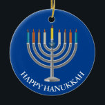Create Your Own Hanukkah Menorah Ceramic Tree Decoration<br><div class="desc">Create Your Own Hanukkah Menorah Ceramic Ornament. Menorah with nine candles and star of David on a blue festival of lights background on the front and back of the ornament. Happy holiday greetings and name of the family on the back. Place your own text, as desired. Choose the shape of...</div>