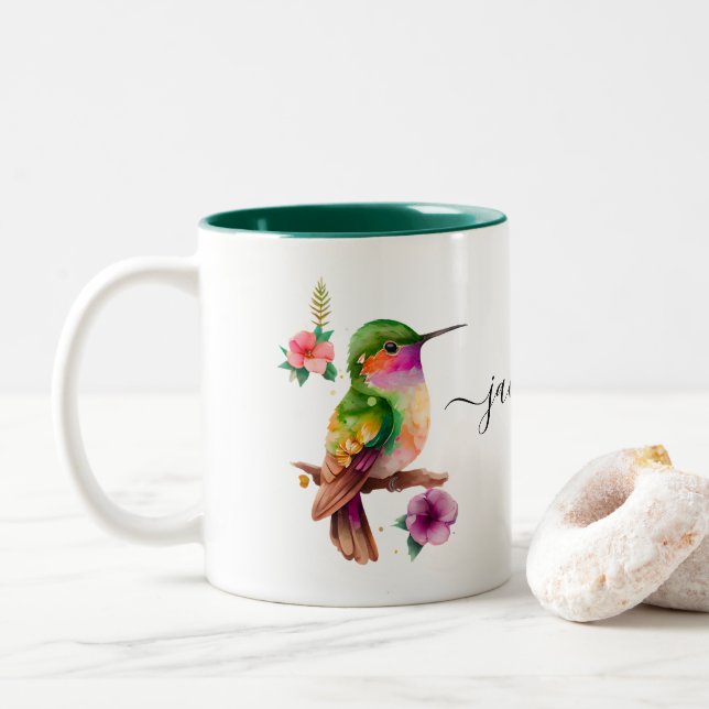 Create Your Own Hummingbird Personalised Add Name  Two-Tone Coffee Mug (With Donut)