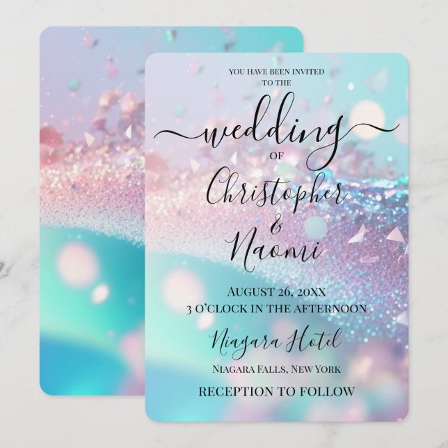 Create Your Own Iridescent Pink & Cyan Wedding Invitation (Front/Back)