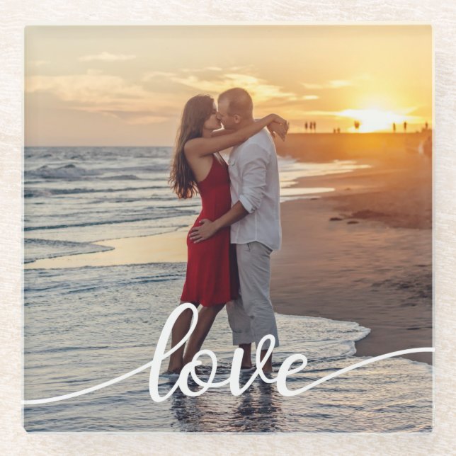 Create Your Own Love Script Romantic Couple Photo Glass Coaster (Front)