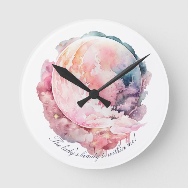Create Your Own Lunar Love Magic Cloudy Pink Moon Round Clock (Front)