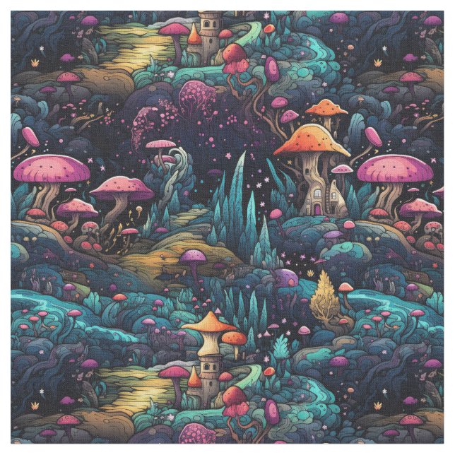 Create Your Own Magic Mushroom Fairy Village Fabric (Close Up)